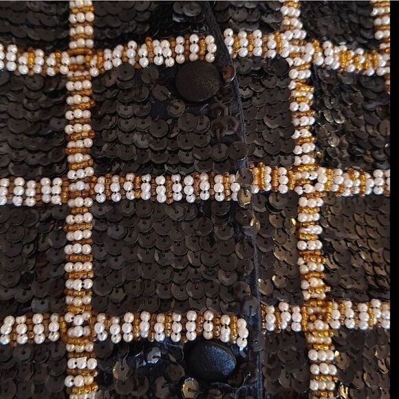 VTG 90s Black White Gold Sequins Beaded Checkered Formal Vest Medium - Picture 7 of 16